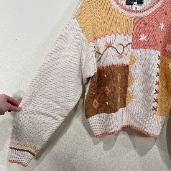 Vintage 80s Patchwork Floral Sweater Coastal Grandma Cottage Prairie Kawaii L - Picture 4 of 10